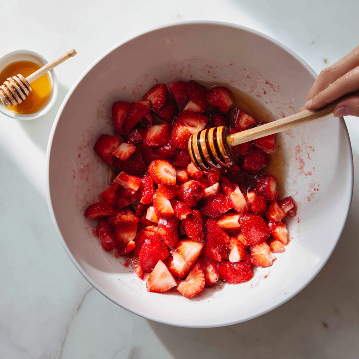 A bowl filled with freshly cut strawberries being mixed with honey using a wooden honey dipper, with vibrant red strawberries glistening under the light.