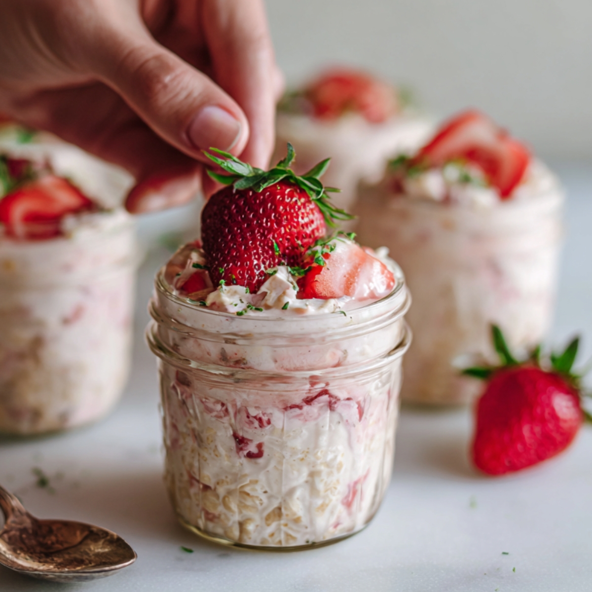 A hand placing a fresh strawberry on top of a jar of overnight oats with cream and strawberry pieces, with more jars of the dessert blurred in the background.