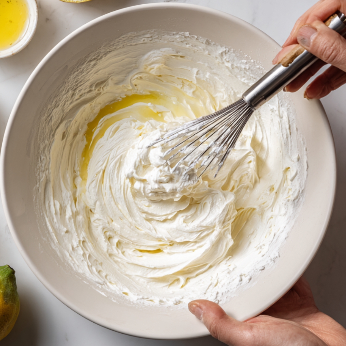 A bowl of whipped cream cheese mixture being whisked, surrounded by halved lemons, small bowls of vanilla extract, lemon juice, and zest on a marble countertop.