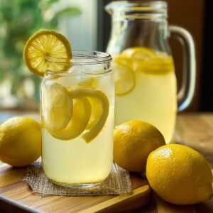 Fresh lemons, a glass jug of lemonade, and a wooden spoon with sugar arranged on a white background, ready for making homemade lemonade.