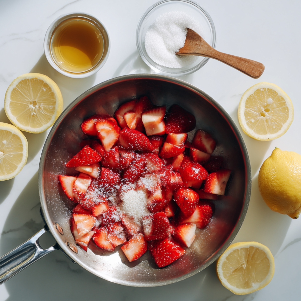 Process shot of rolling out dough with cream cheese and strawberries for strawberry cheesecake cinnamon rolls.