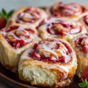 Step-by-step preparation of strawberry cheesecake cinnamon rolls with dough spread, cream cheese filling, and strawberry pieces.
