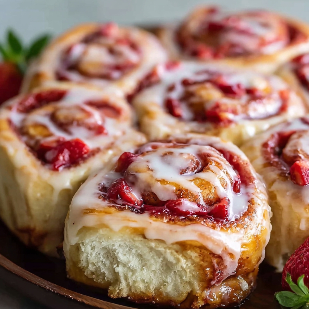 Step-by-step preparation of strawberry cheesecake cinnamon rolls with dough spread, cream cheese filling, and strawberry pieces.