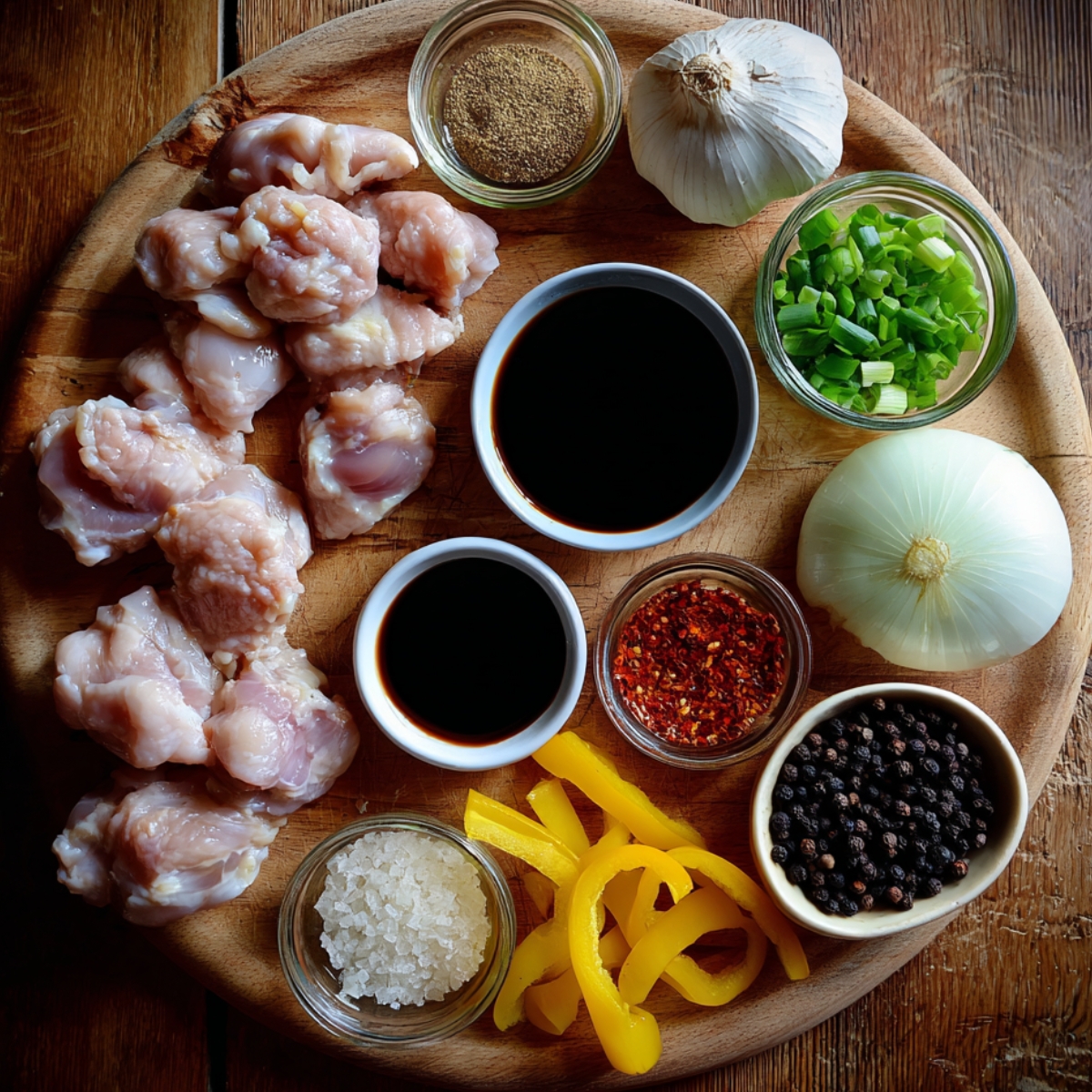 Raw chicken pieces, soy sauce, garlic, onion, scallions, yellow bell pepper, black peppercorns, chili flakes, salt, and spices arranged neatly on a wooden round board.