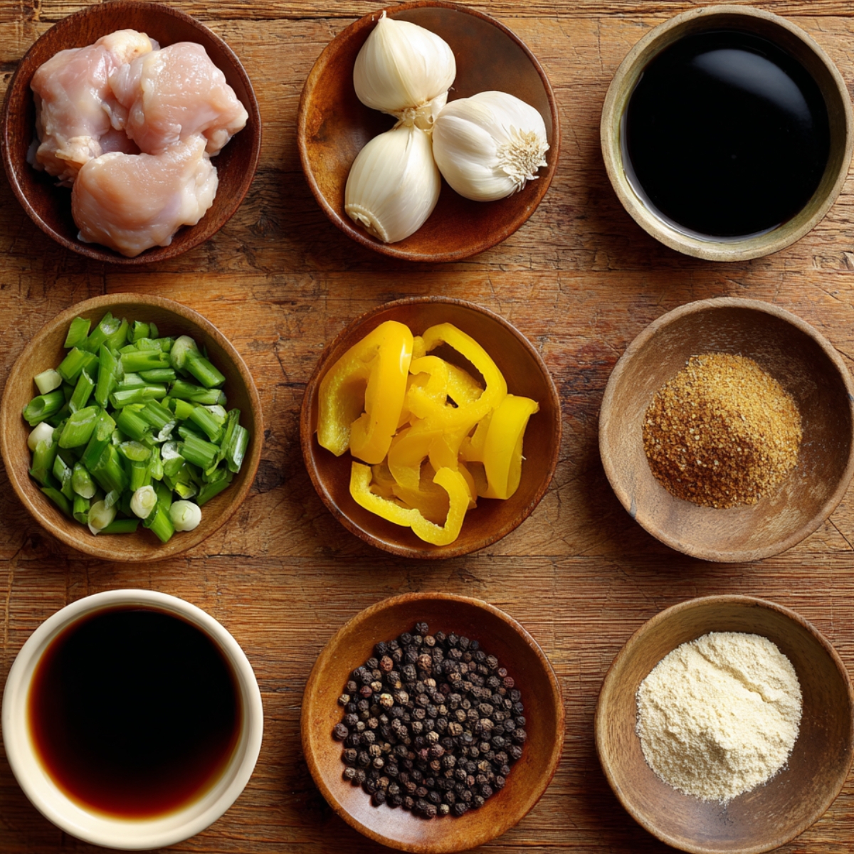 Flat lay of black pepper chicken ingredients including raw chicken, garlic, soy sauce, scallions, yellow bell pepper, ground spices, black peppercorns, and flour in small wooden bowls on a rustic table.