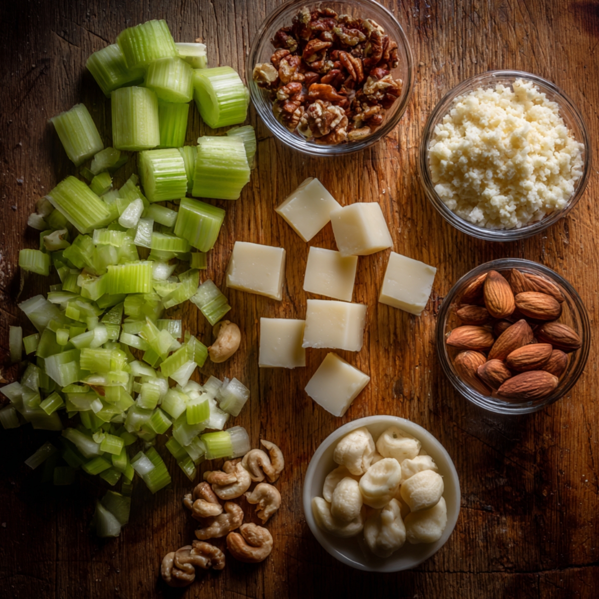 Chopped celery, cubes of cheese, nuts, and small bowls of ingredients on a wooden surface.