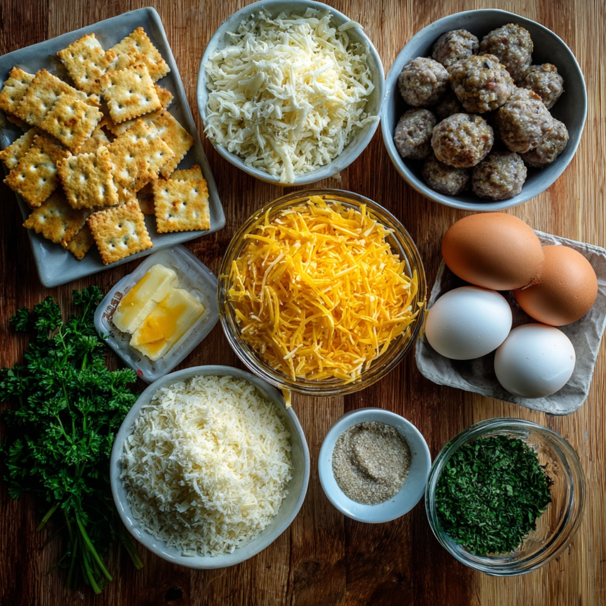 Assorted ingredients for sausage balls, including eggs, shredded cheese, parsley, crackers, and butter on a wooden table.