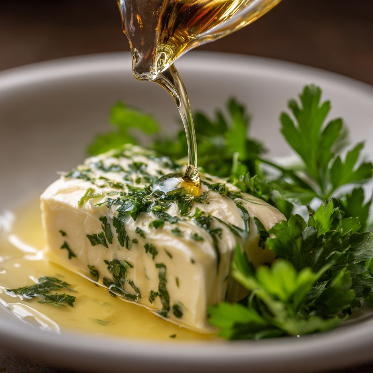 A close-up of golden honey being poured over a block of soft butter garnished with chopped fresh herbs, surrounded by sprigs of parsley.