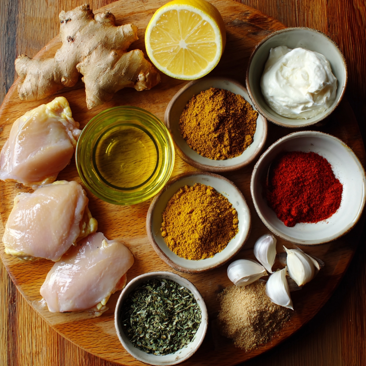 Raw chicken, ginger, lemon, yogurt, garlic, oil, and assorted spices on a wooden board for making butter chicken.