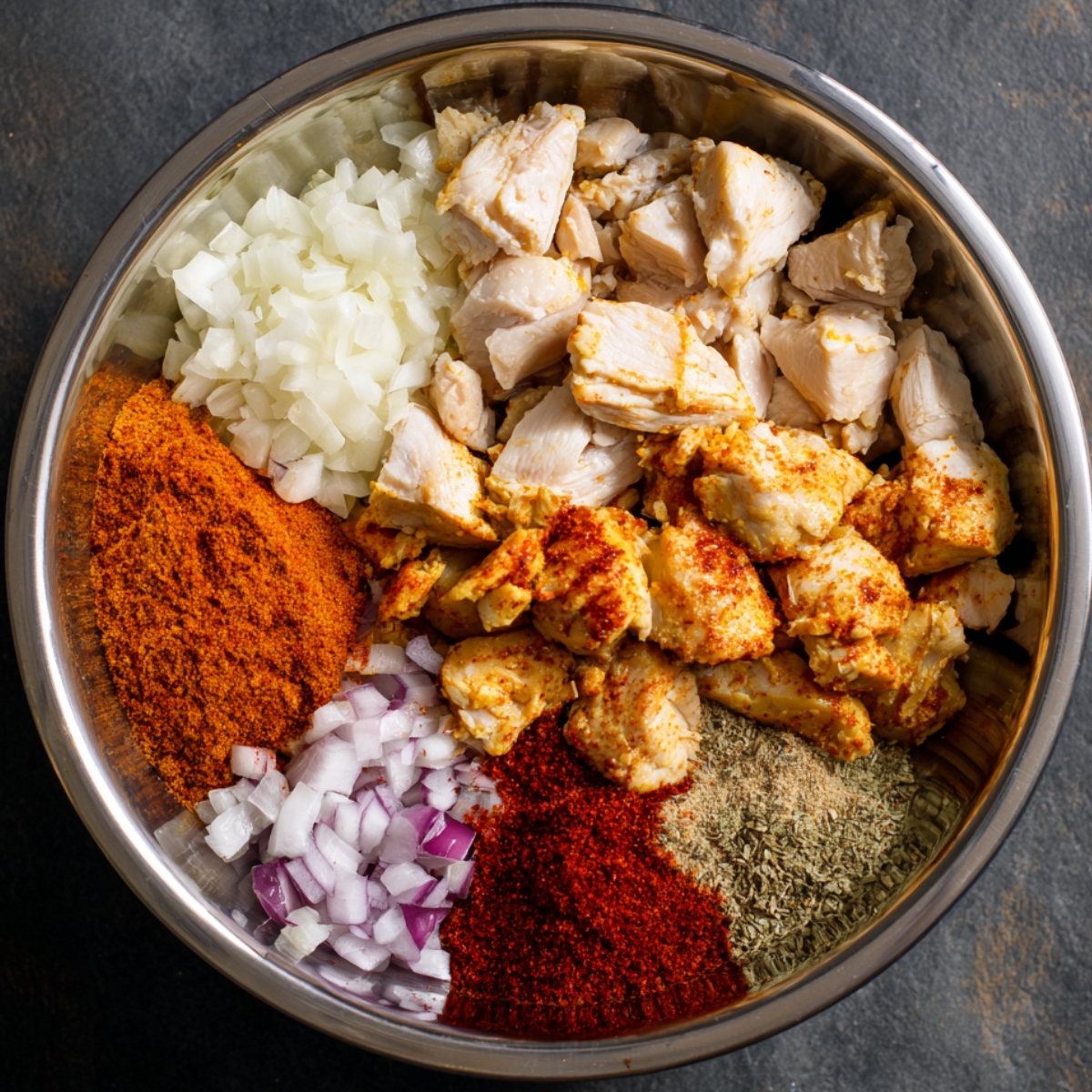 A stainless steel bowl containing raw diced onions, cooked chicken pieces, and piles of vibrant spices including chili powder, paprika, and dried herbs, ready for mixing.