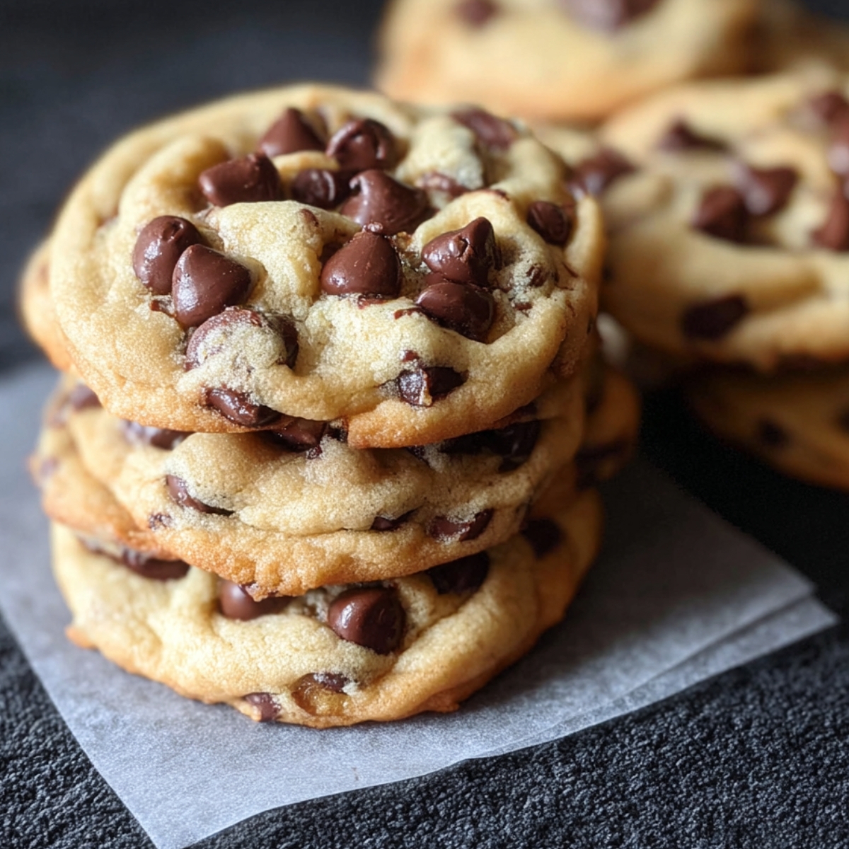 Flat lay of ingredients for chocolate chip cookies including flour, butter, sugar, eggs, and chocolate chips.