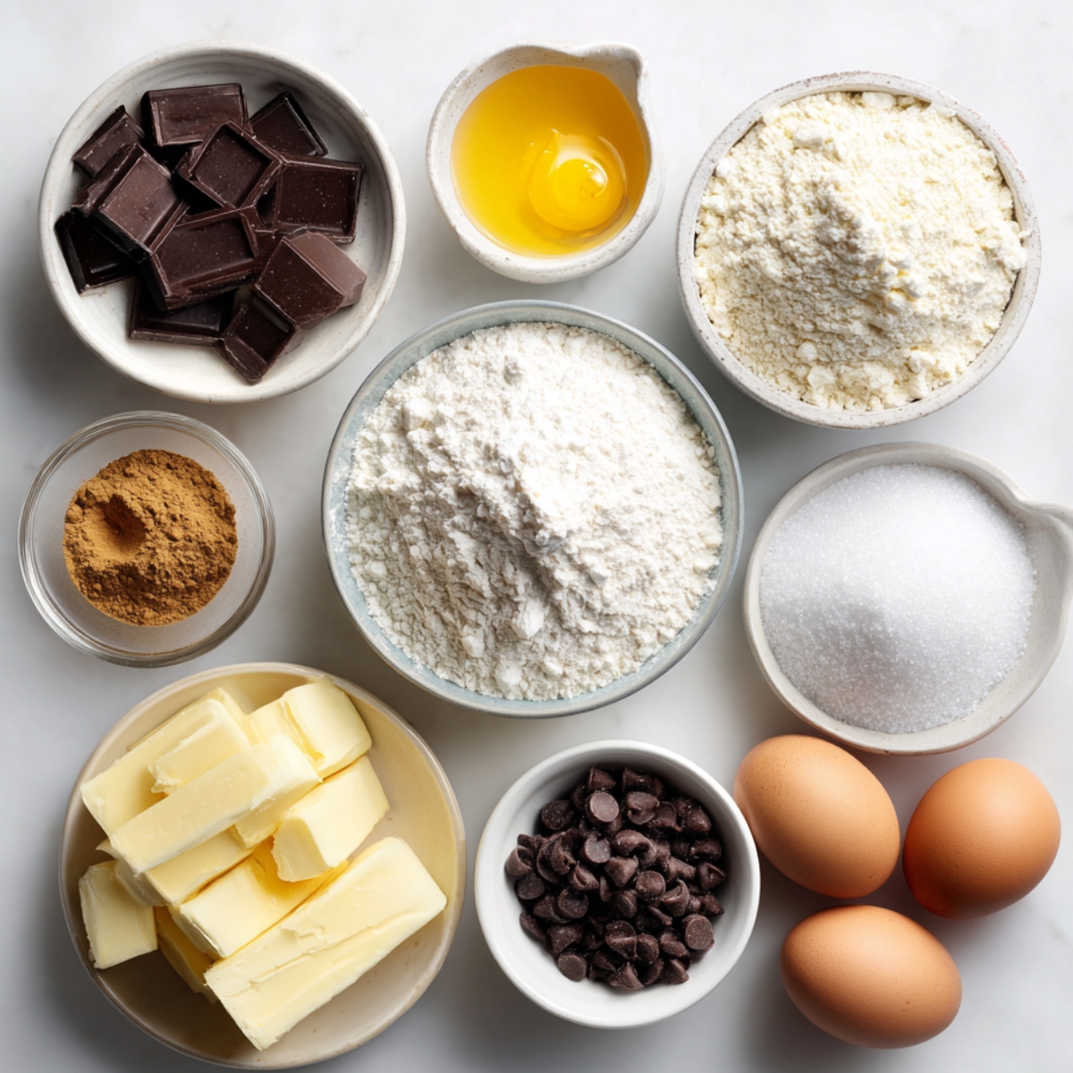 Close-up of cookie ingredients in small bowls, featuring brown sugar, flour, butter, and chocolate chips.