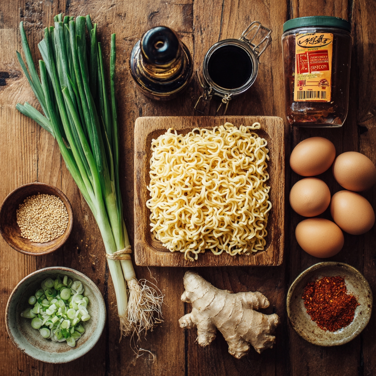 Fresh ramen noodles on a wooden plate surrounded by green onions, soy sauce, sesame seeds, eggs, chili flakes, fresh ginger, and other seasonings on a rustic wooden table.