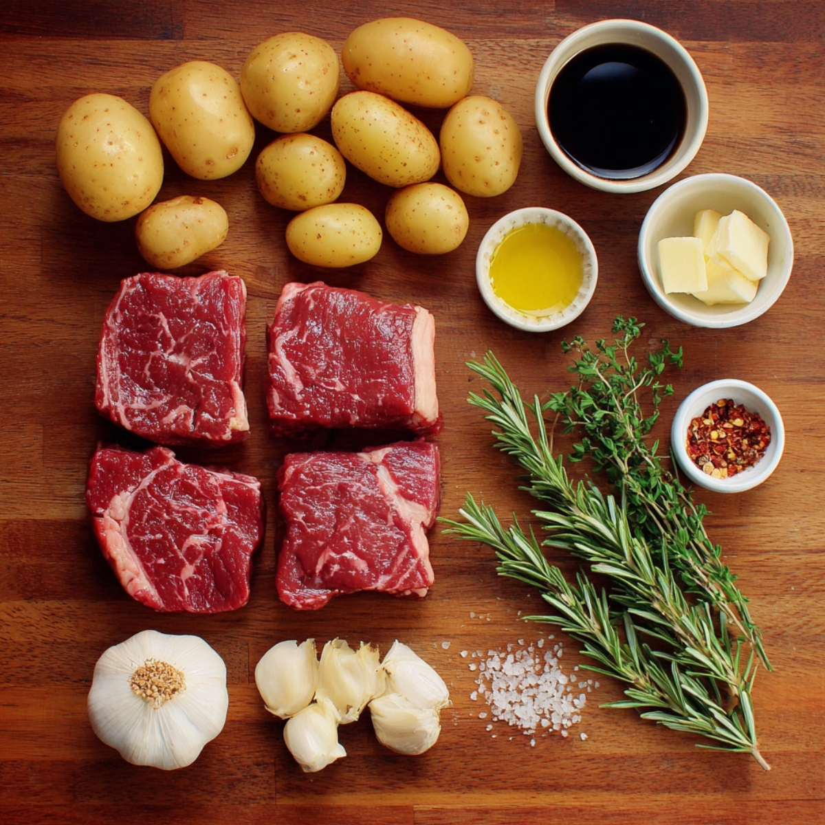 "Fresh ingredients for steak bites and potatoes laid out on a wooden surface: raw steak cuts, baby potatoes, garlic, rosemary, thyme, olive oil, butter, and seasonings."