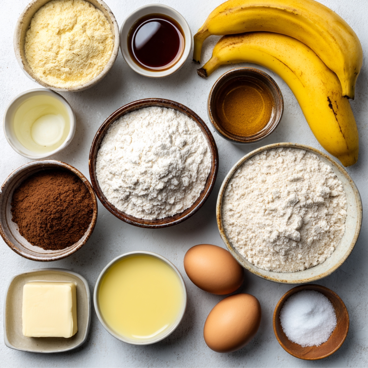 A flat lay of banana bread ingredients, including bowls of flour, cocoa powder, sugar, butter, oil, eggs, bananas, and small bowls of liquid extracts.