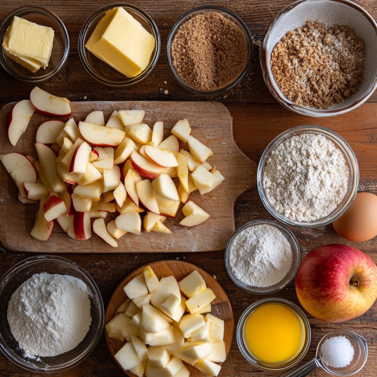 Flat lay of apple pie ingredients including chopped apples, butter, flour, brown sugar, egg, and orange juice on a rustic wooden table.