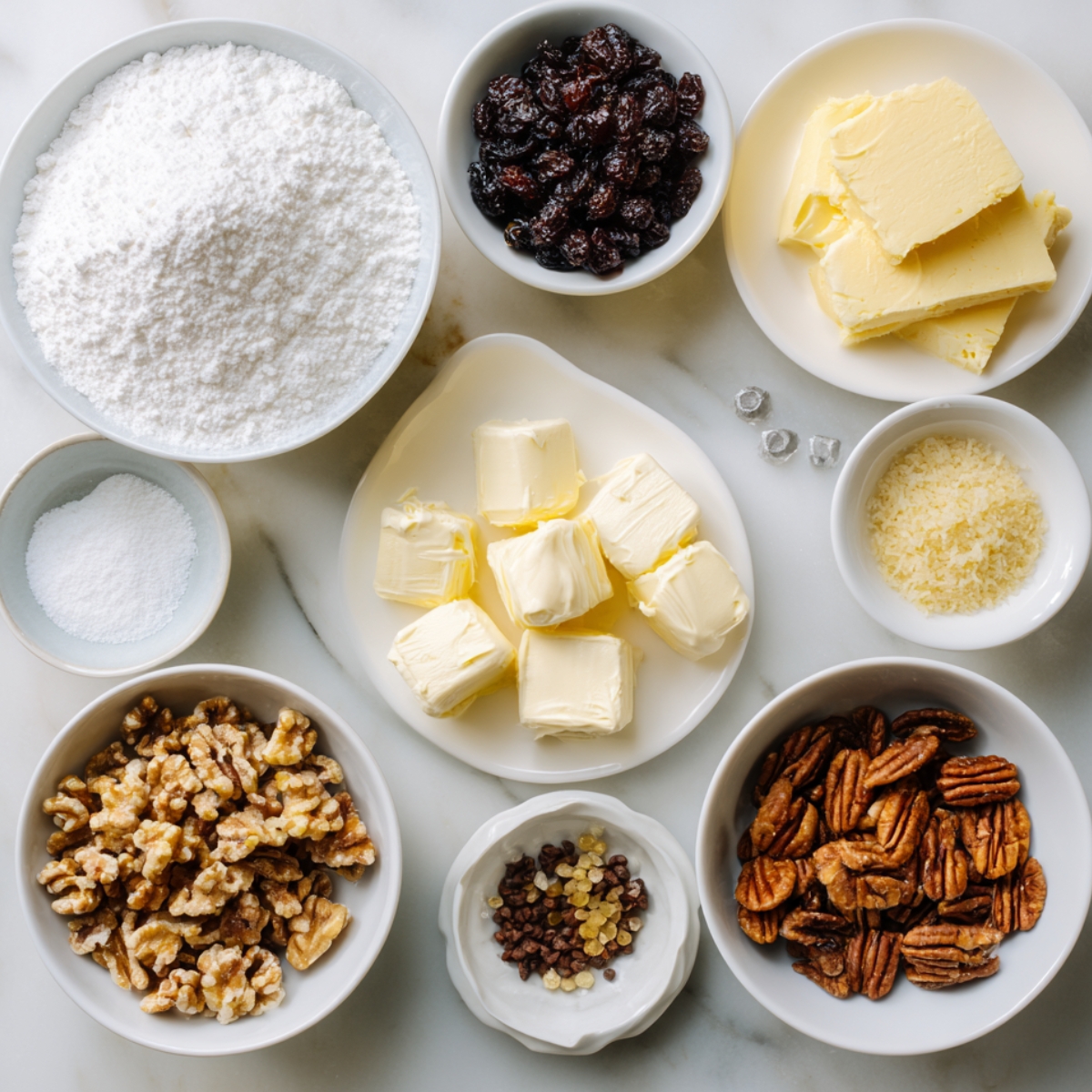 A flat lay of carrot cake ingredients including butter cubes, powdered sugar, raisins, walnuts, pecans, shredded coconut, and small bowls of sugar.