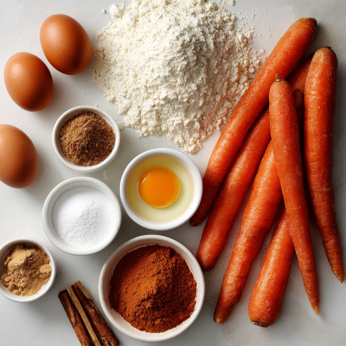 Fresh carrots alongside eggs, flour, sugar, brown sugar, cinnamon, nutmeg, and ginger laid out on a light background.