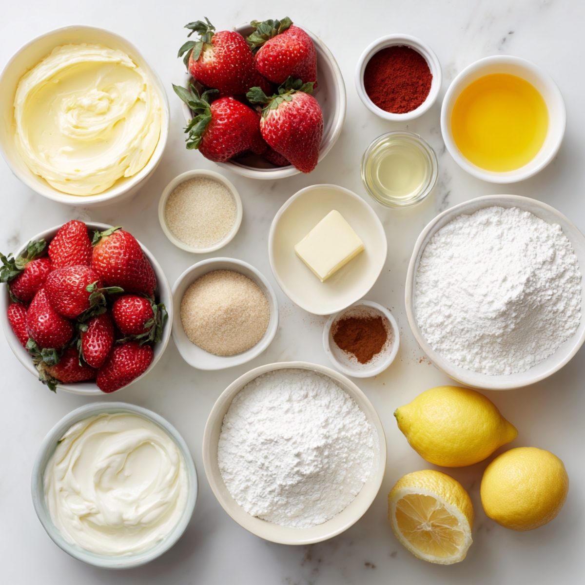 Baking ingredients for strawberry cheesecake cinnamon rolls including flour, cream cheese, strawberries, sugar, and butter on a table