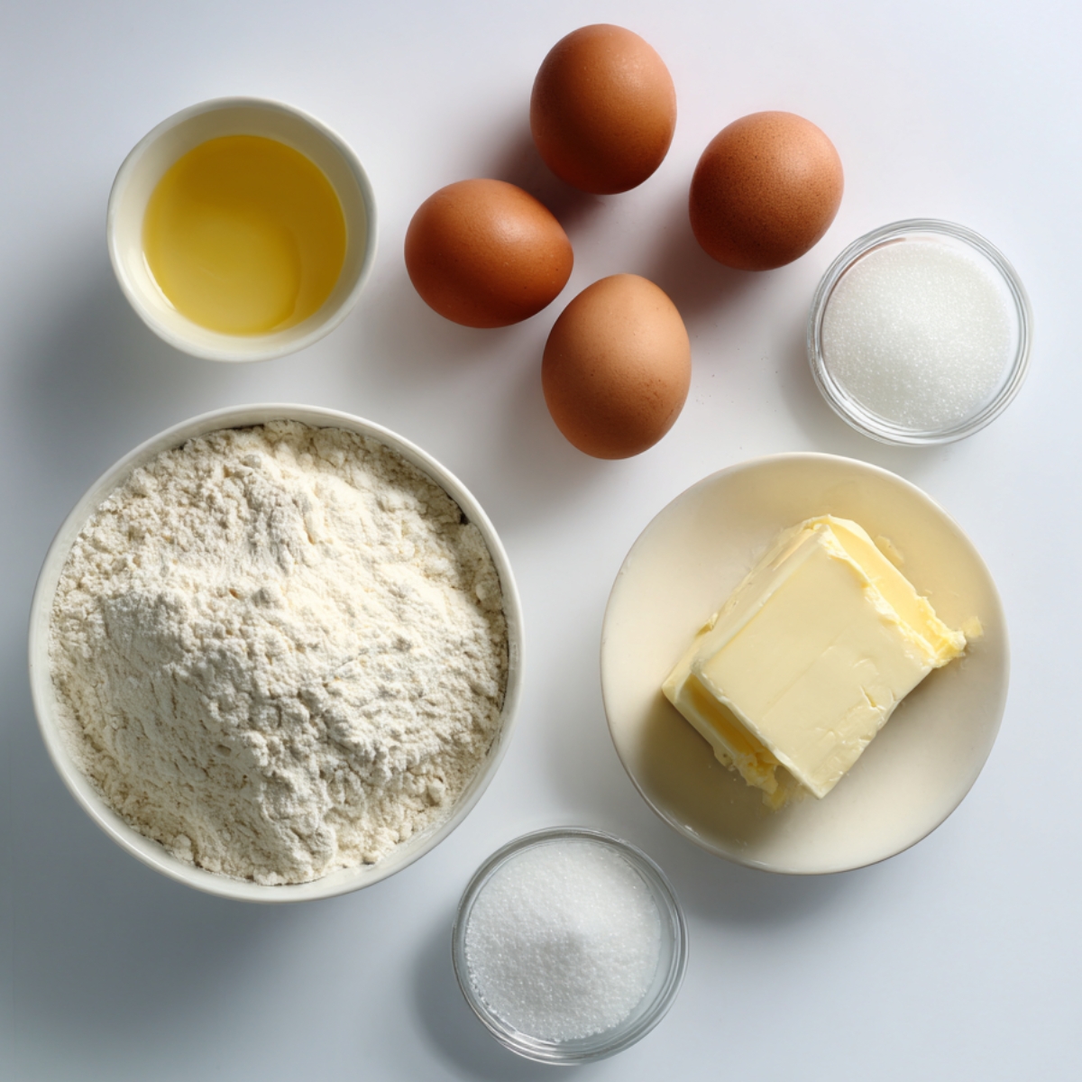 Flat lay of ingredients for strawberry cheesecake cinnamon rolls such as dough, fresh strawberries, sugar, and cream cheese.