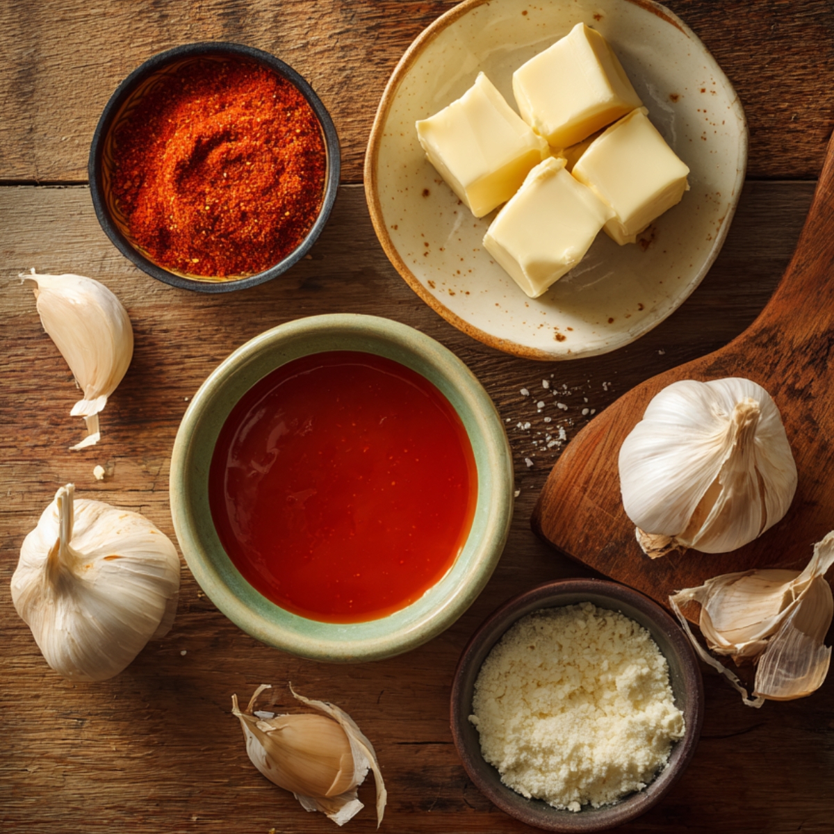 Butter, garlic, hot sauce, cheese, and chili powder on a wooden table.”