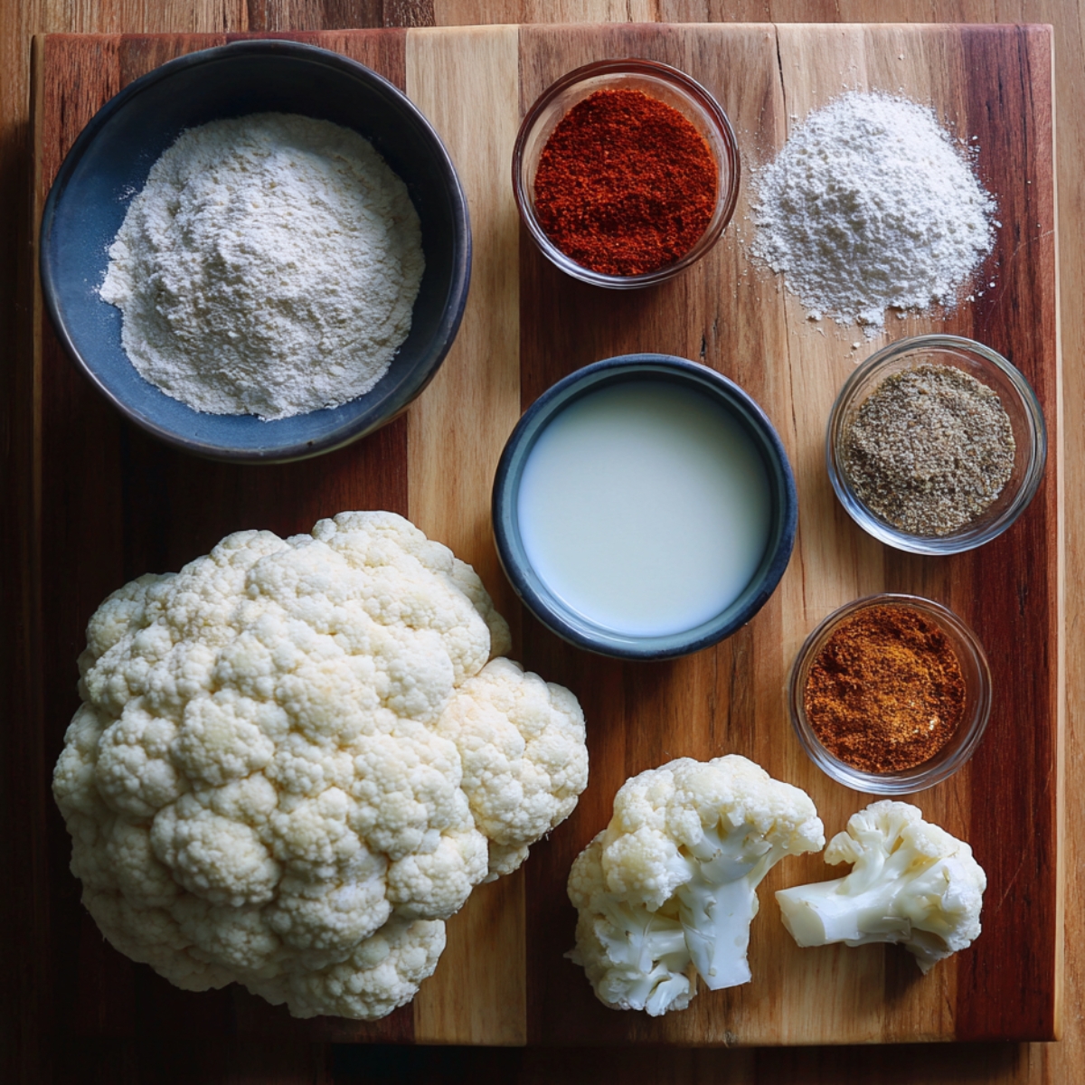 Fresh cauliflower with flour, spices, and milk arranged on a cutting board.”