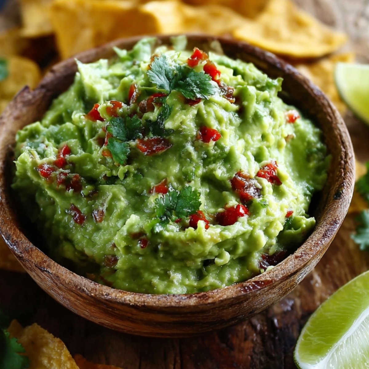 A rustic wooden bowl filled with freshly made guacamole, garnished with cilantro and red chili, surrounded by lime wedges and tortilla chips.