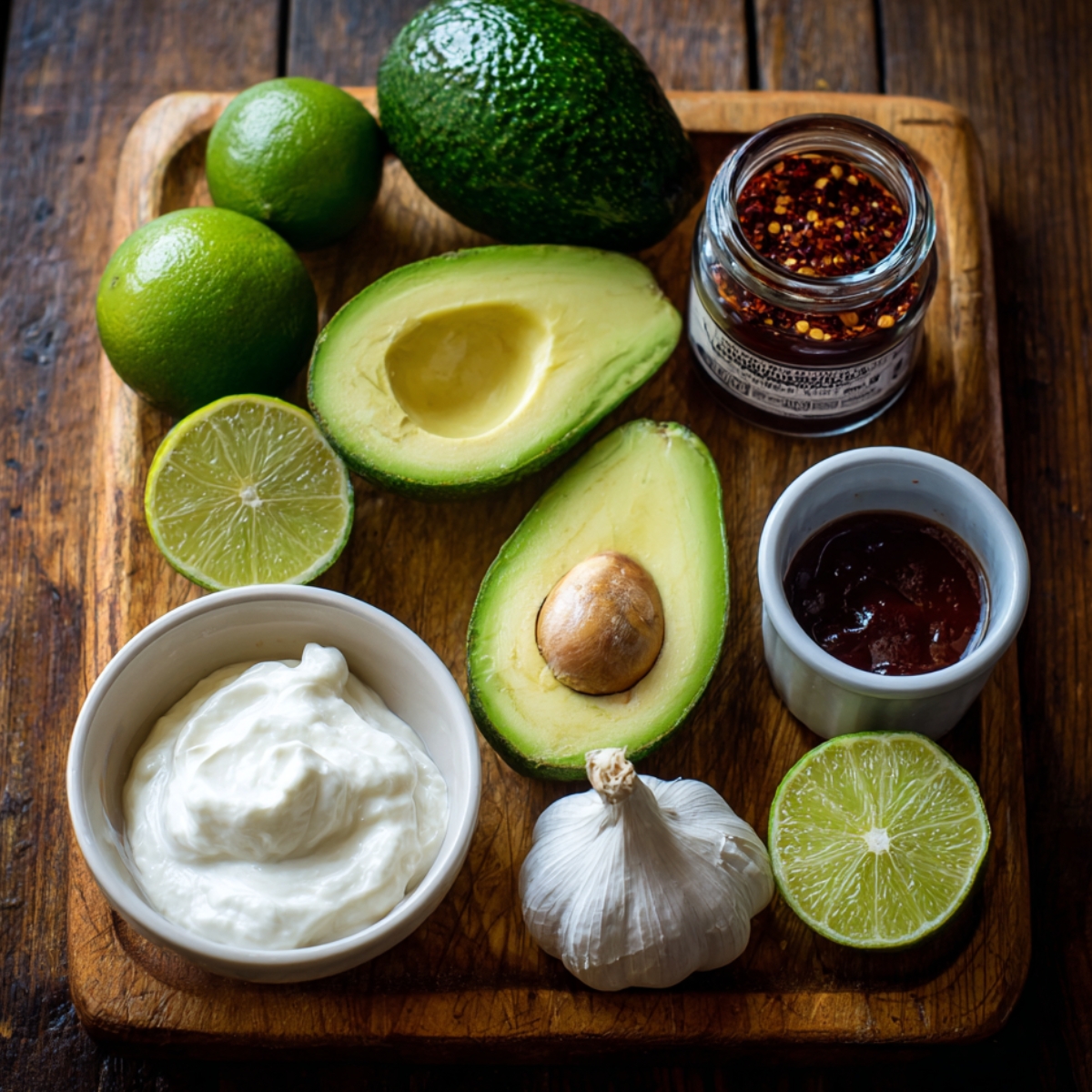 Overhead view of taco ingredients with avocado, herbs, and fish.