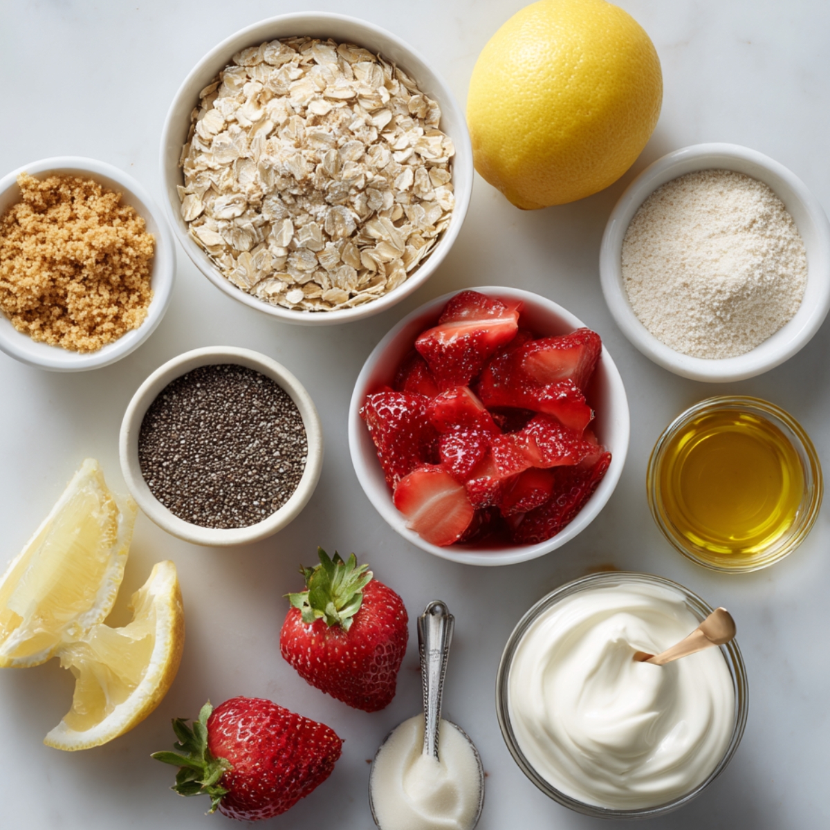 Flat lay of ingredients for strawberry cheesecake overnight oats, including bowls of oats, strawberries, chia seeds, brown sugar, yogurt, lemon, oil, and vanilla extract arranged neatly on a marble surface.