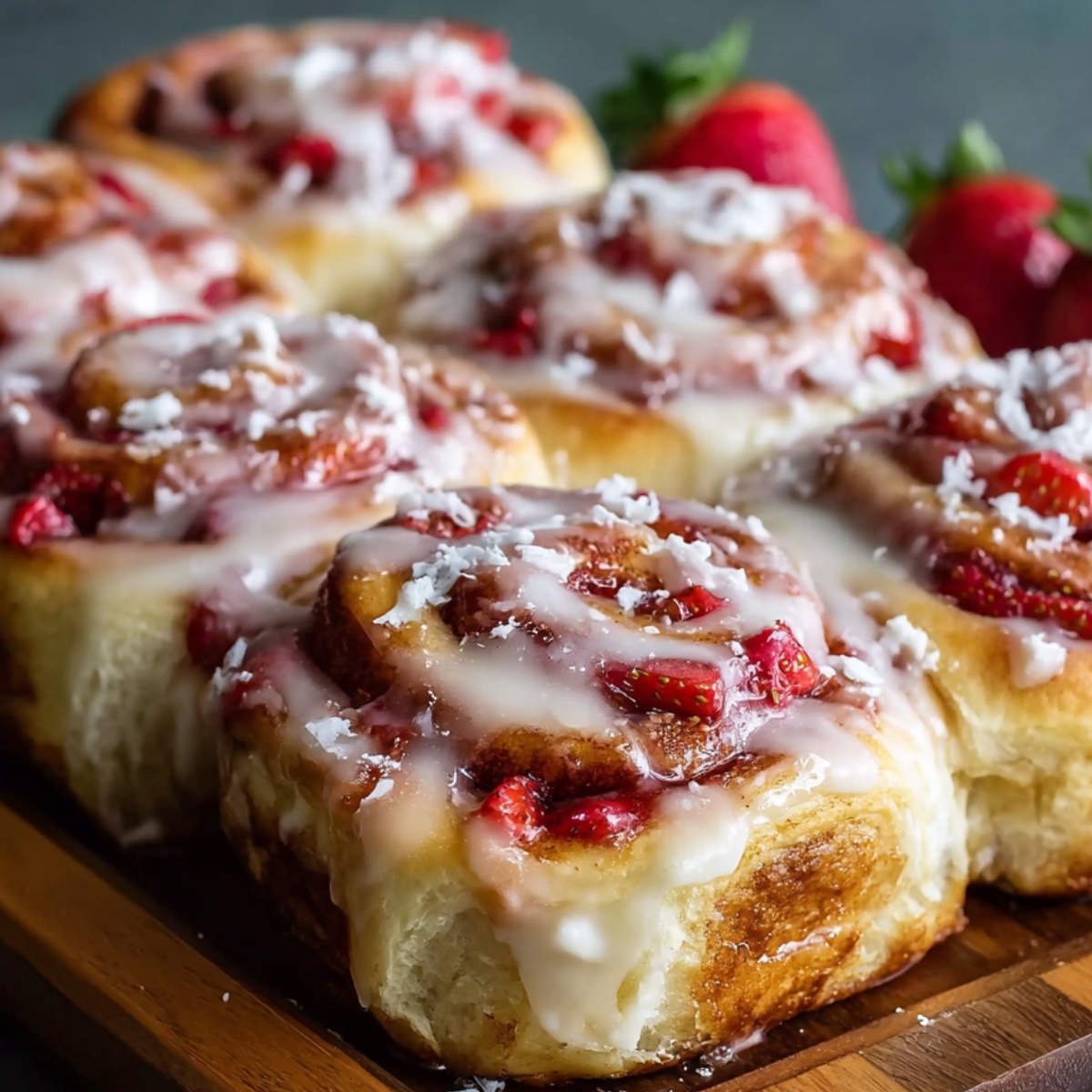 Close-up of soft cinnamon rolls filled with cream cheese and strawberries, drizzled with icing.