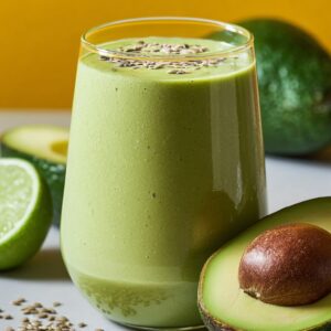 A tall glass of green avocado smoothie topped with sunflower seeds, surrounded by limes and fresh avocado halves.