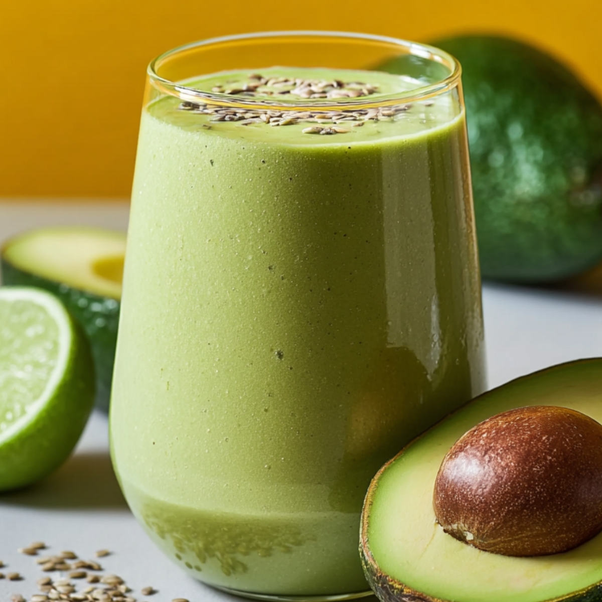 A tall glass of green avocado smoothie topped with sunflower seeds, surrounded by limes and fresh avocado halves.