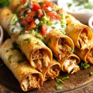 Crispy golden chicken flautas served on a wooden plate, topped with pico de gallo, sour cream, guacamole, and fresh cilantro.