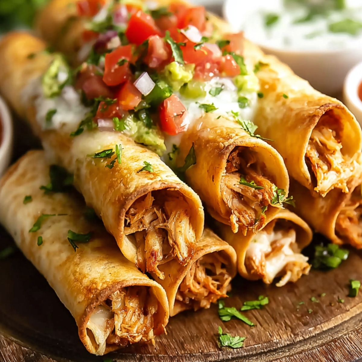 Crispy golden chicken flautas served on a wooden plate, topped with pico de gallo, sour cream, guacamole, and fresh cilantro.