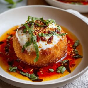 Finished fried burrata plated with chili oil, fresh basil, sesame seeds, and seasoning, served in a shallow bowl.