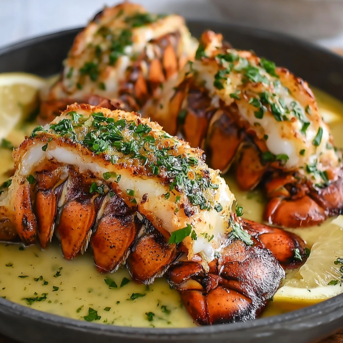 Three garlic butter lobster tails served in a pan with lemon slices and topped with fresh chopped herbs in a creamy sauce.