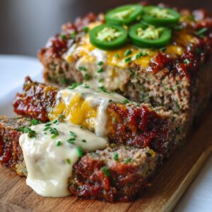 A sliced jalapeño popper meatloaf topped with melted cheese and sliced jalapeños, oozing with melted cream cheese, and garnished with chopped chives on a wooden cutting board.