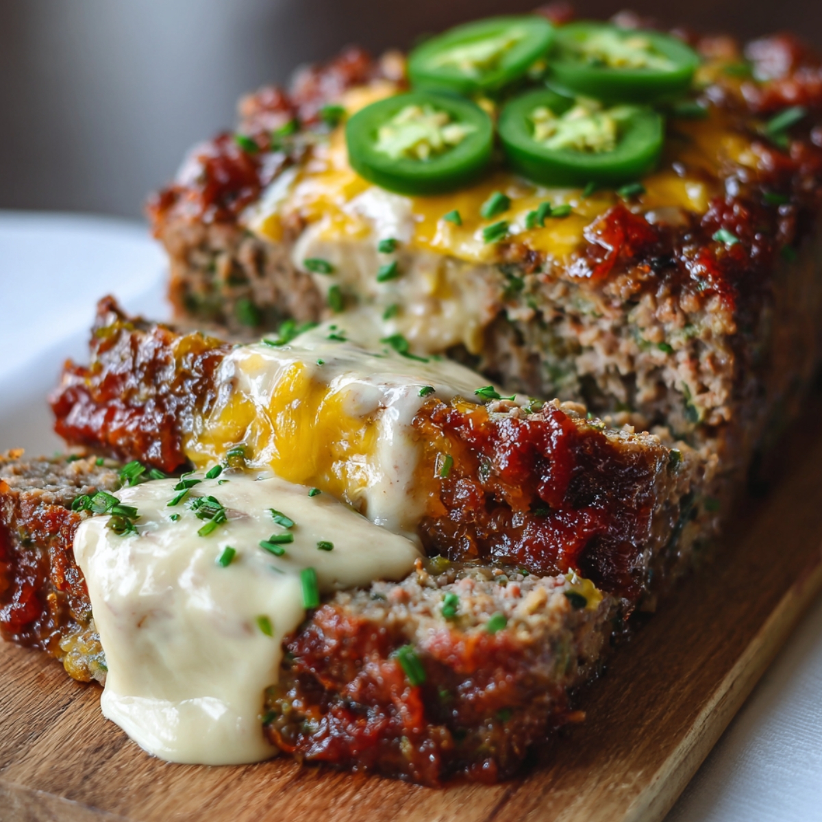 A sliced jalapeño popper meatloaf topped with melted cheese and sliced jalapeños, oozing with melted cream cheese, and garnished with chopped chives on a wooden cutting board.