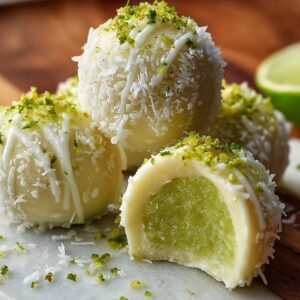 Stack of homemade key lime truffles coated in white chocolate, sprinkled with lime zest and shredded coconut, with one truffle cut open to reveal the bright green center.