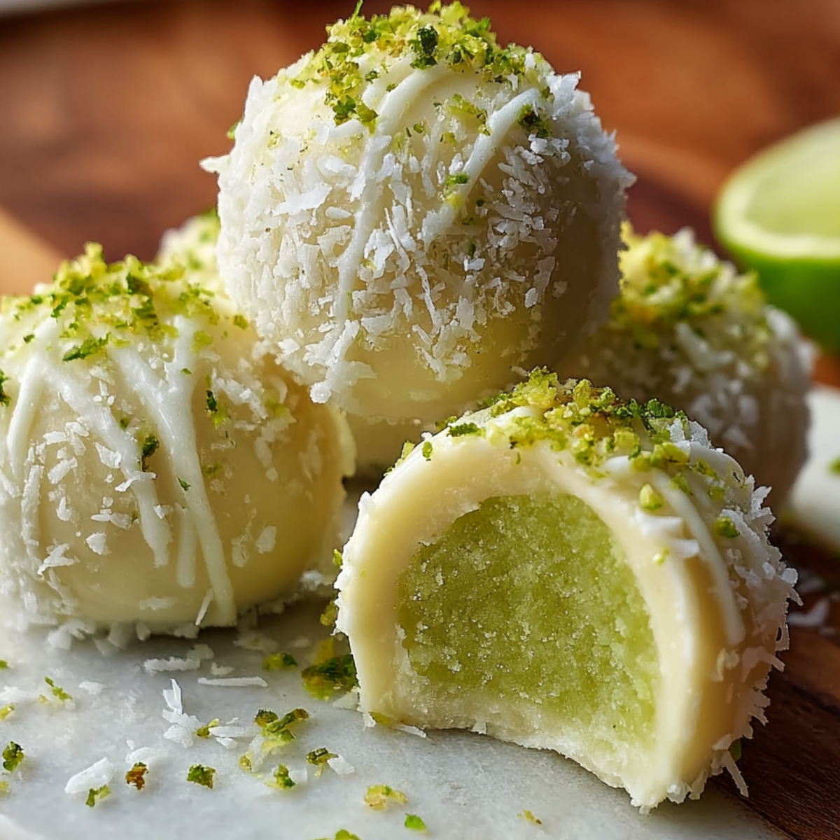 Stack of homemade key lime truffles coated in white chocolate, sprinkled with lime zest and shredded coconut, with one truffle cut open to reveal the bright green center.