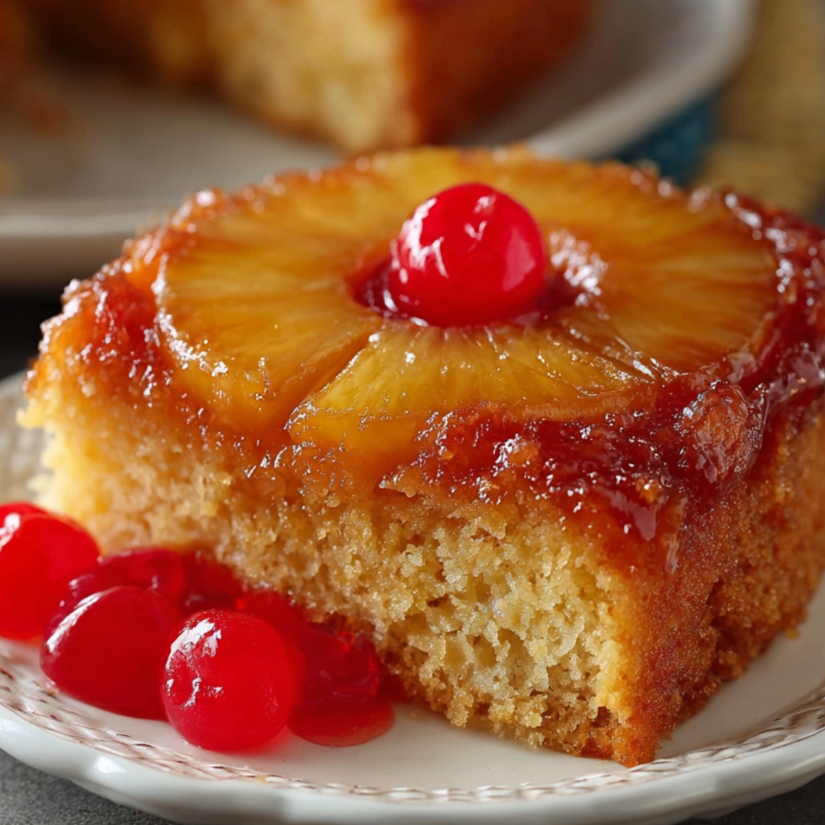 A piece of Pineapple Upside Down Cake Recipe, with its moist interior and golden-brown crust, topped with a glossy pineapple slice and cherry. A small serving of cherries sits on the plate beside it.