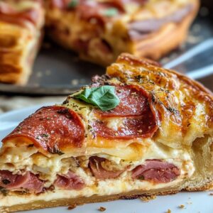 A slice of baked pizza rustica Recipe showing layers of pepperoni, ham, cheese, and herbs inside a golden-brown crust, garnished with a basil leaf.