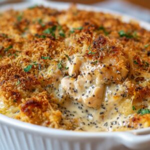 Close-up of creamy and cheesy poppy seed chicken casserole with golden breadcrumb topping, showing chunks of chicken and sprinkled herbs.