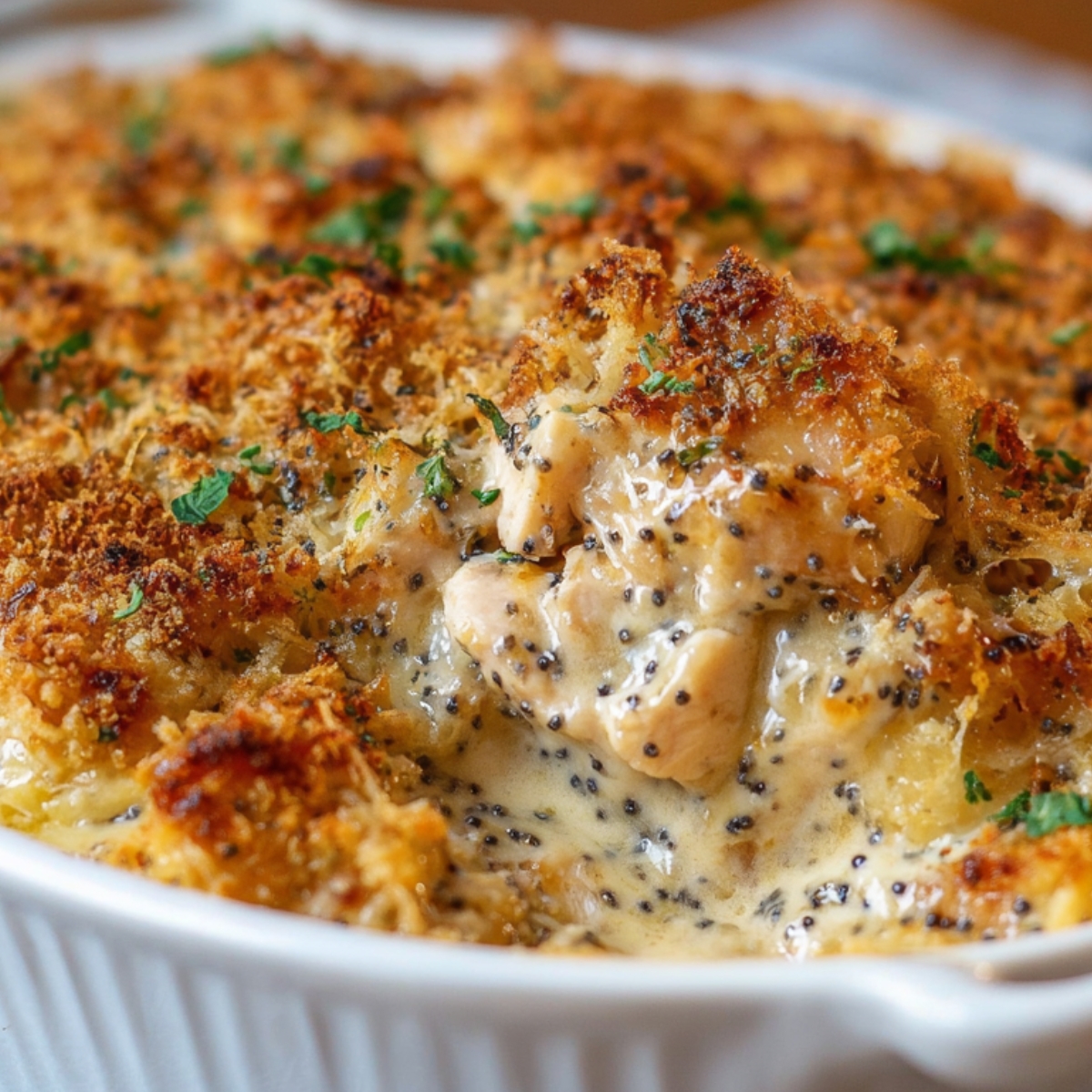 Close-up of creamy and cheesy poppy seed chicken casserole with golden breadcrumb topping, showing chunks of chicken and sprinkled herbs.