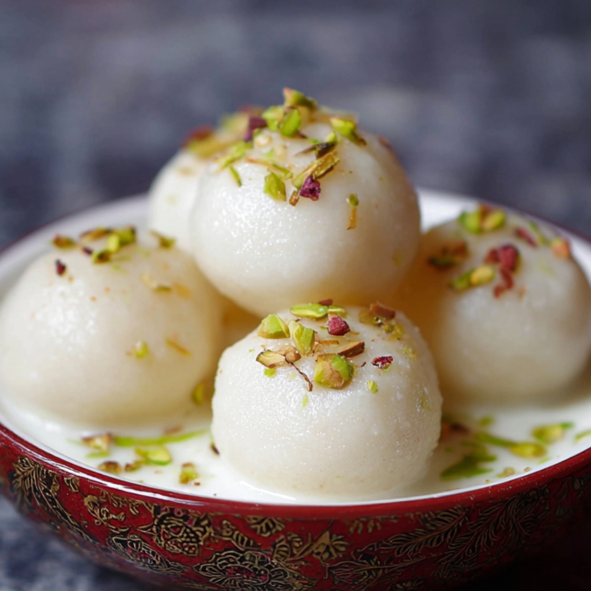 A close-up shot of Rasgullas Recipe garnished with pistachios in a bowl, sitting in a milky syrup, with a rich red decorative bowl.