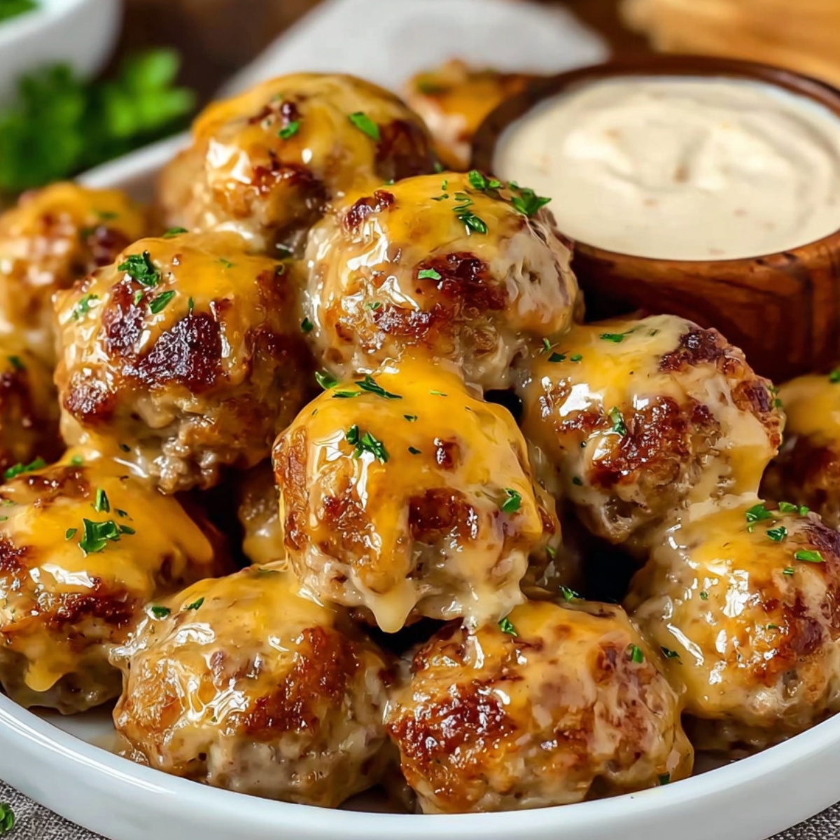 A bowl of hot Rotel cream cheese sausage balls cheese sausage balls topped with melted cheese and garnished with parsley, served with a side of creamy dipping sauce in a wooden bowl.