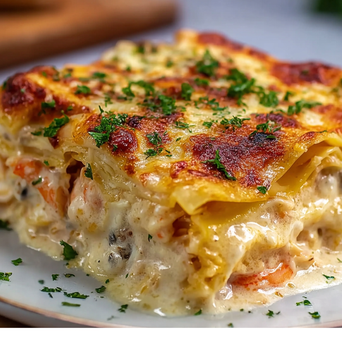 A close-up slice of creamy baked seafood lasagna on a white plate, with visible layers of pasta, shrimp, white sauce, and melted cheese, topped with chopped parsley.