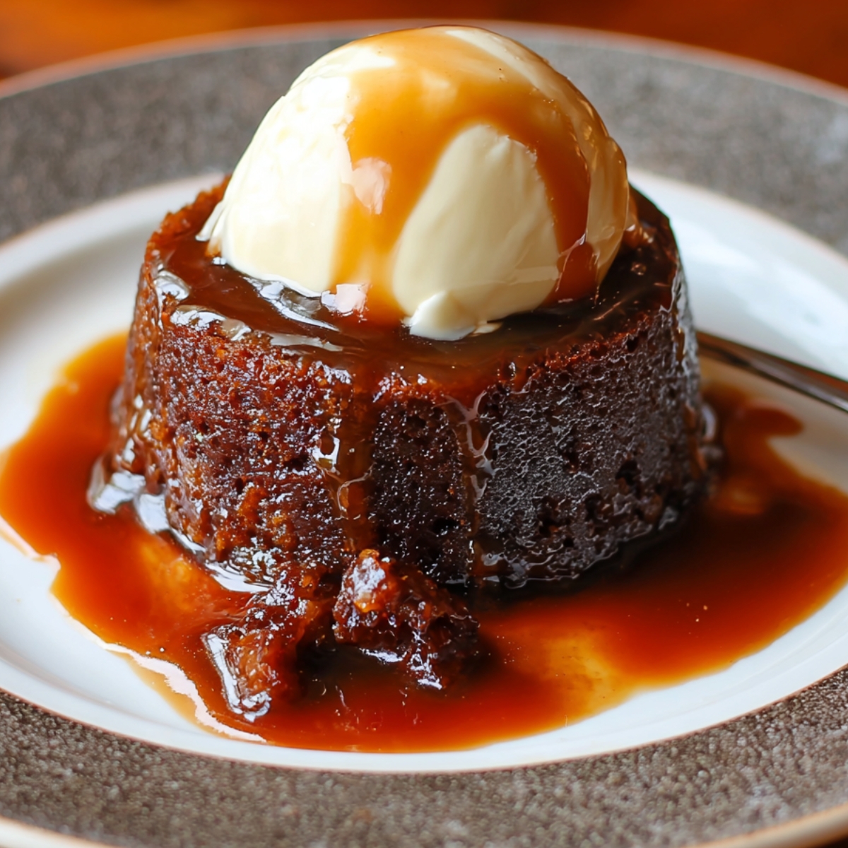 A decadent sticky toffee pudding recipe served with a scoop of vanilla ice cream on top, drenched in warm toffee sauce on a white plate.