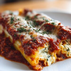 A plated serving of baked stuffed manicotti, recipe with melted cheese, marinara sauce, and parsley sprinkled on top.