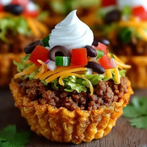 A crispy wonton cup filled with taco Cupcakes beef, lettuce, shredded cheddar, diced tomatoes, black olives, and a swirl of sour cream on top.